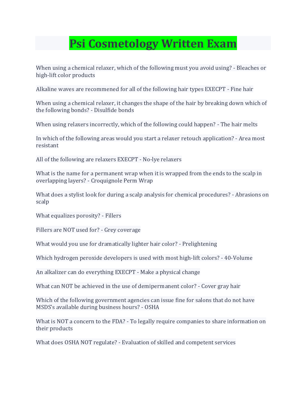 Preview image for (Answered)Psi Cosmetology Written Exam Complete Solutions Latest Summer 2022.